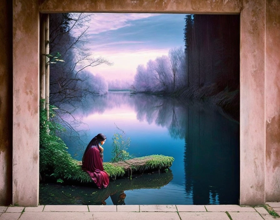 Person in Red Outfit Sitting by Tranquil River in Stone Frame