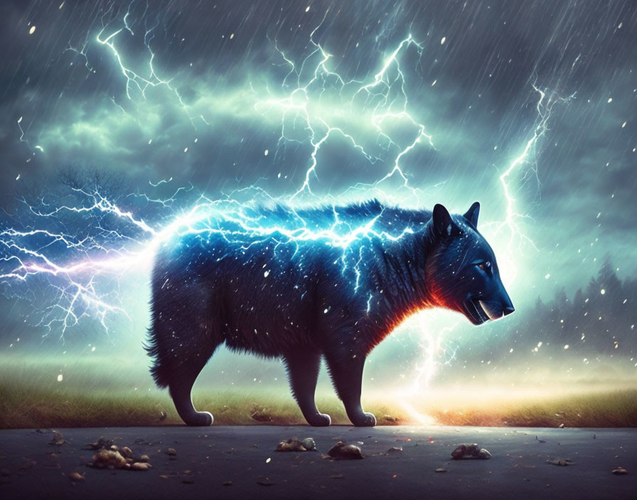 Majestic wolf with cosmic star-filled body in dramatic lightning scene