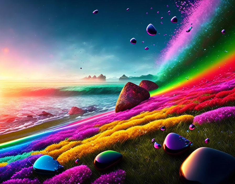 Colorful landscape with rainbow, sparkling sea, and sunset sky