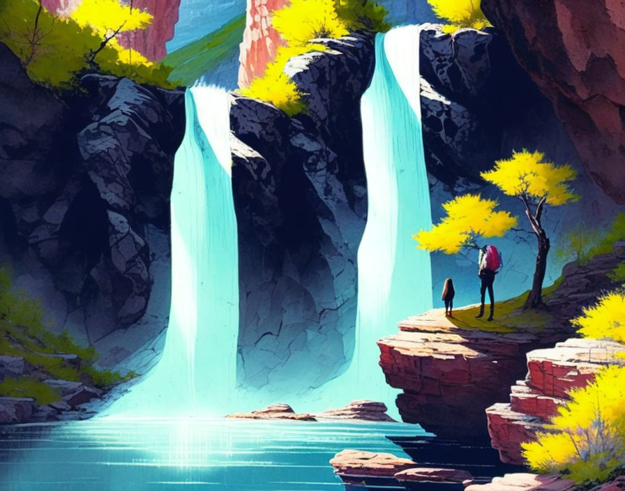 Dual waterfalls and colorful landscape admired by two individuals on rocky outcrop