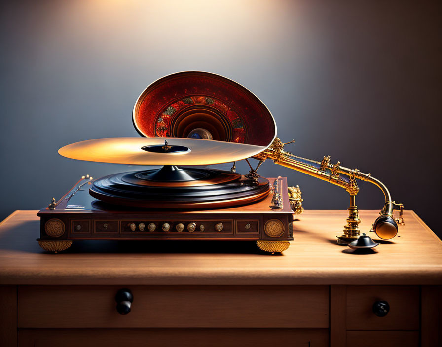 Vintage Gramophone with Brass Horn on Wooden Cabinet in Warm Lighting