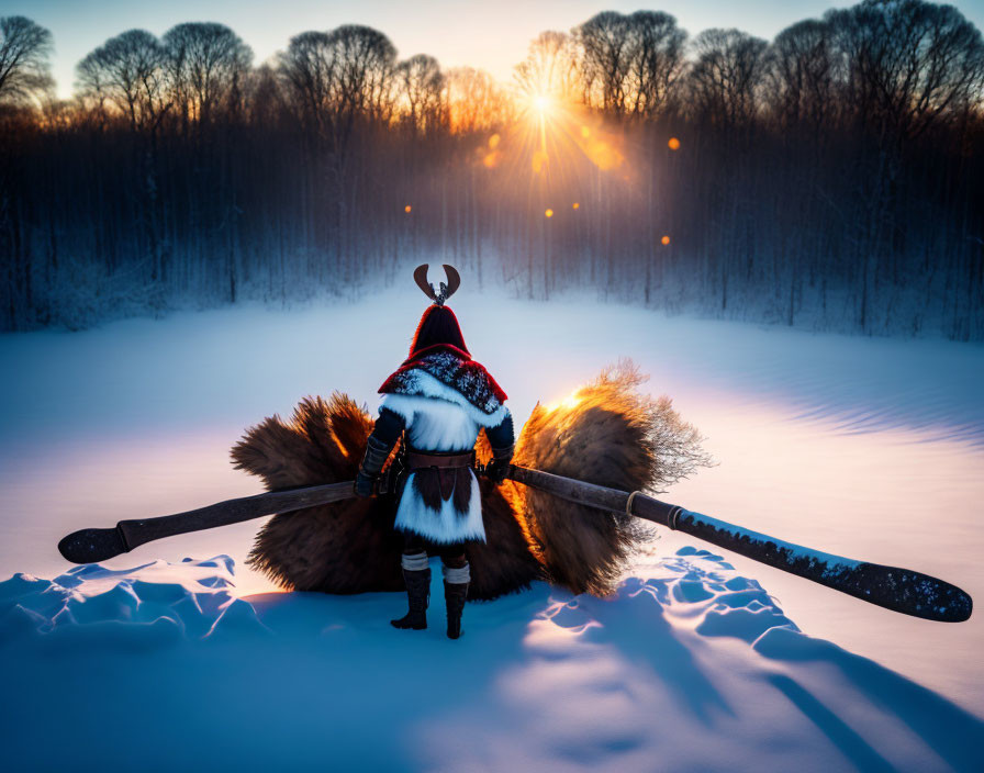 Sami person in traditional clothing with reindeer antlers on snowy forest at sunset