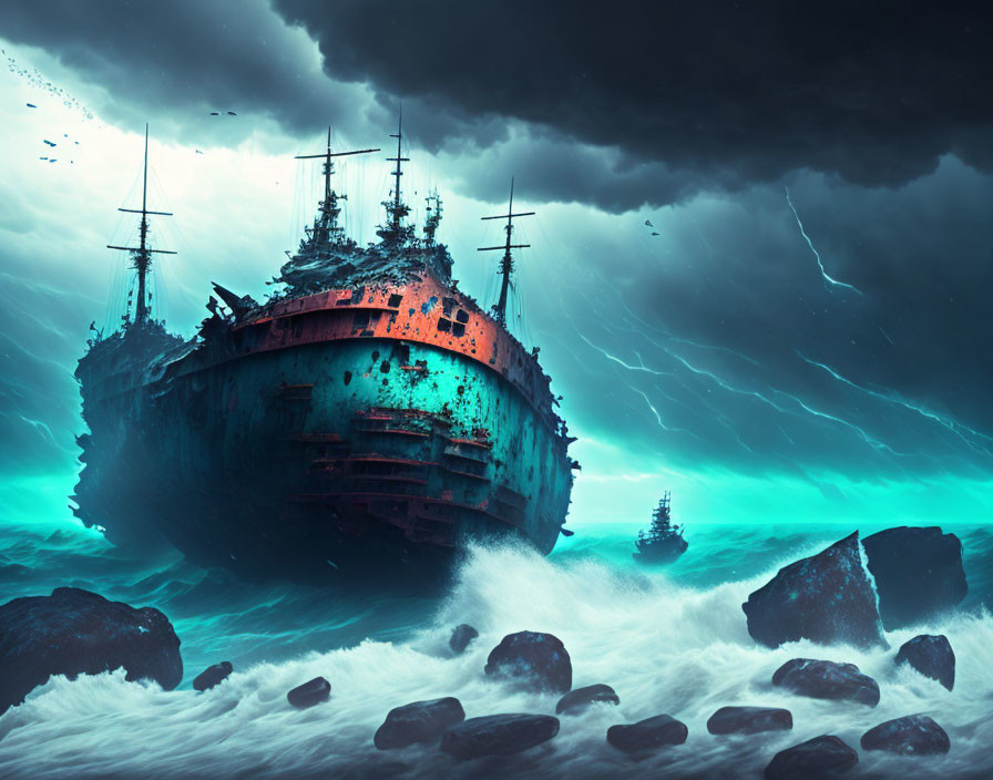 Rusted ships in turbulent sea under stormy sky.