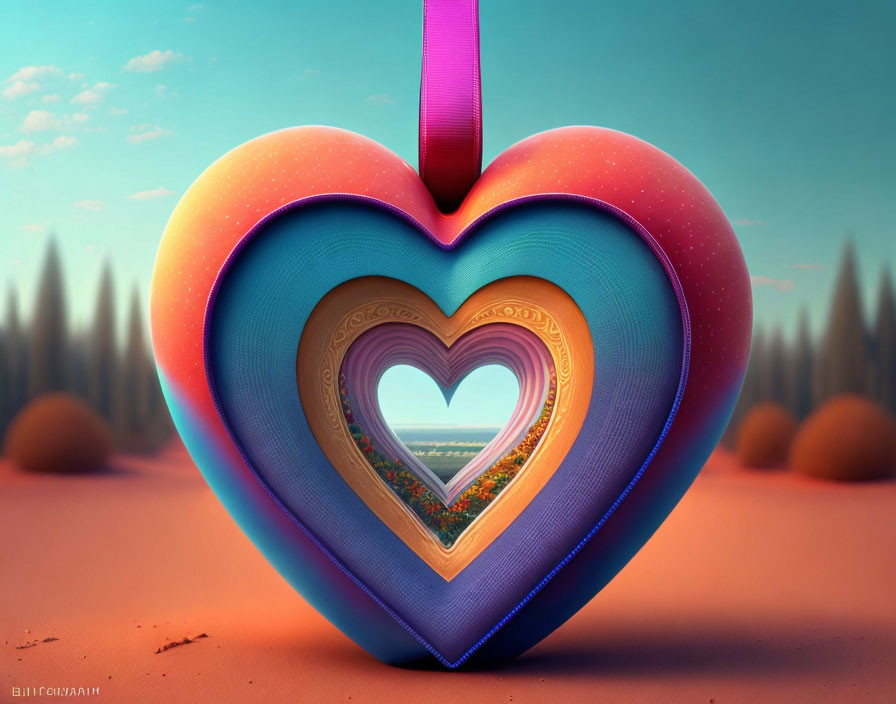 Digital art: Heart-shaped portal with scenic layers and ribbon in dusky backdrop