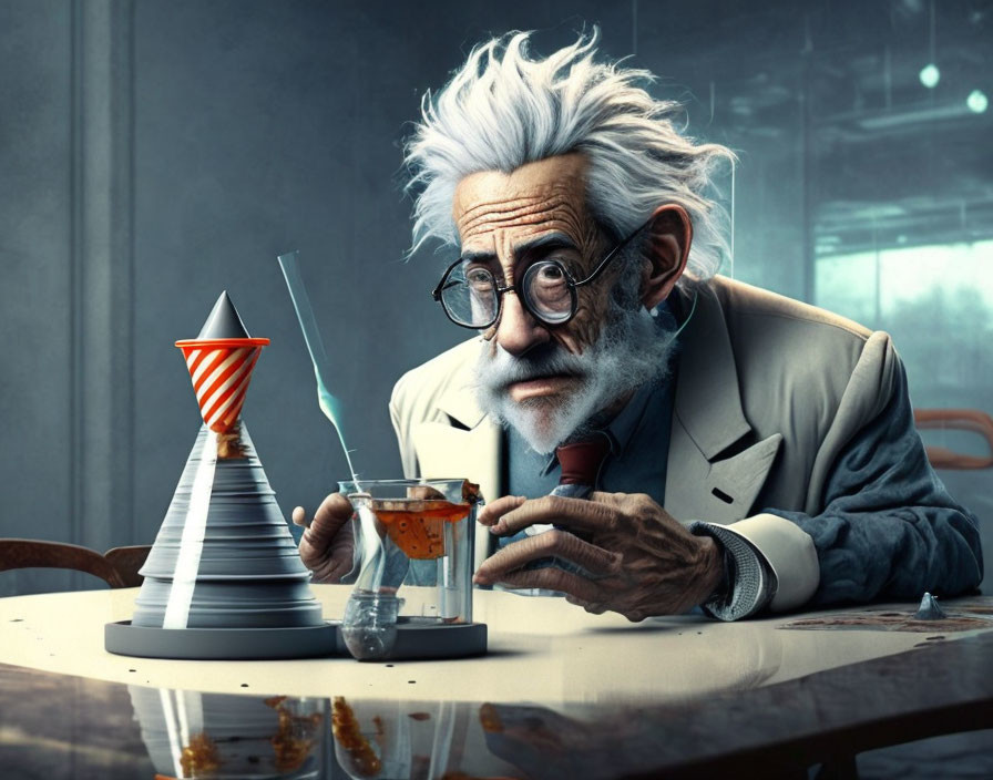 Elderly Scientist Conducting Experiment with Liquid and Paper Cups