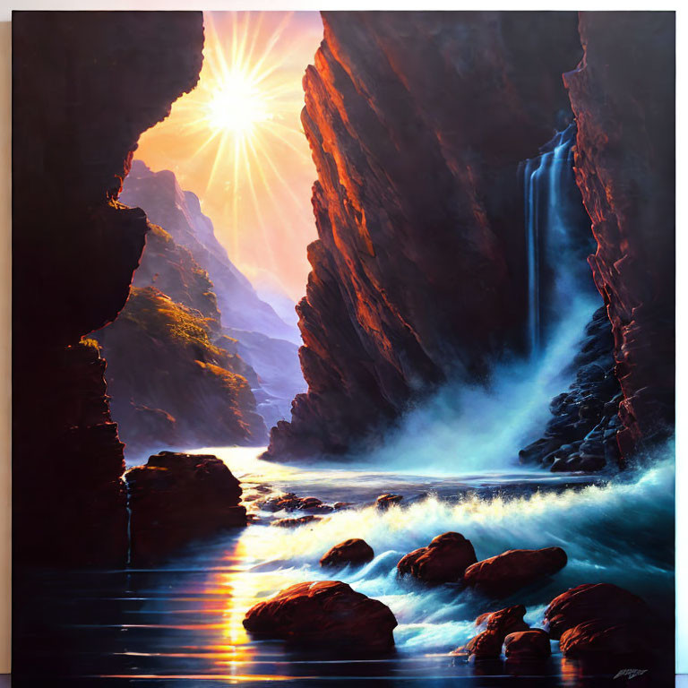 Sunlit waterfall in rocky canyon with misty river