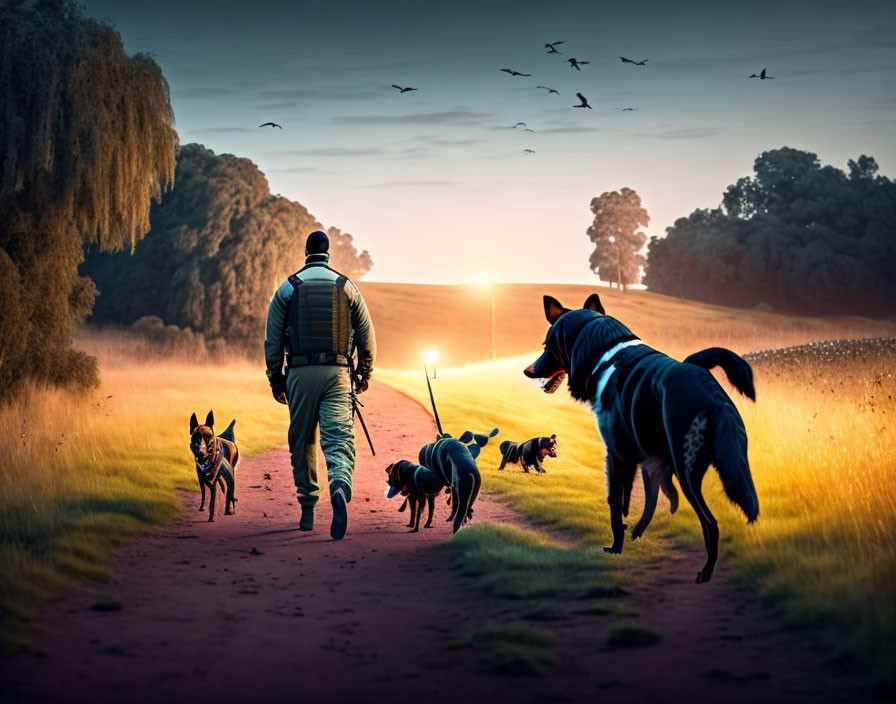 Man Walking with Dogs in Serene Landscape at Dawn or Dusk