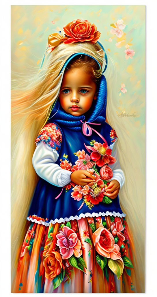 Vibrant painting of young girl in floral dress with bouquet