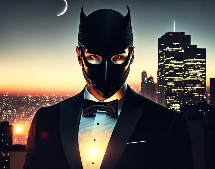 Masked figure in bat silhouette tuxedo at dusk skyline