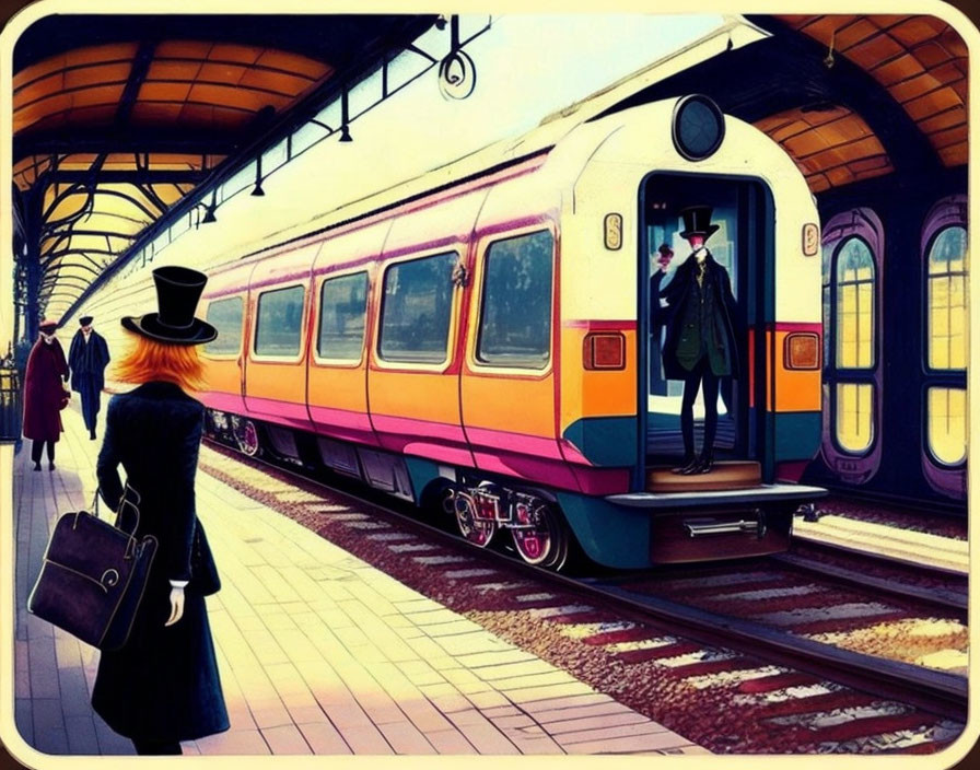 Colorful illustration: Person in hat watches train with conductor and passengers at platform