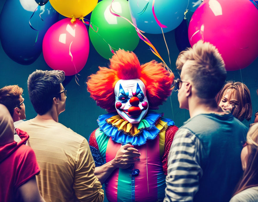 Colorful Clown Surrounded by People and Balloons at Celebration