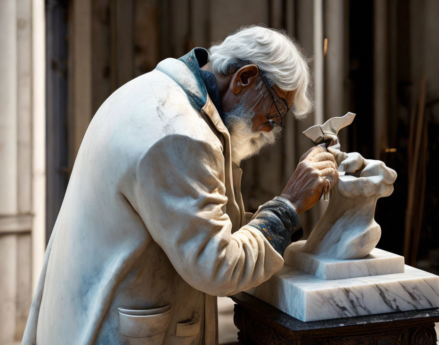 Realistic Elderly Man Sculpting Marble Figure Displayed