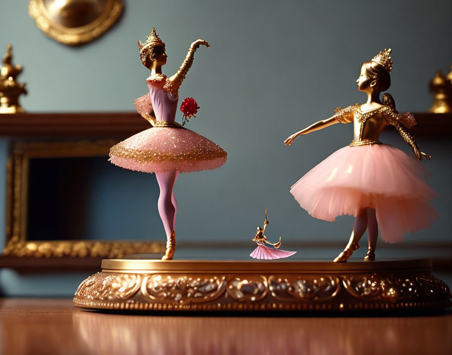 Miniature ballerina figurines on golden platform with blue backdrop