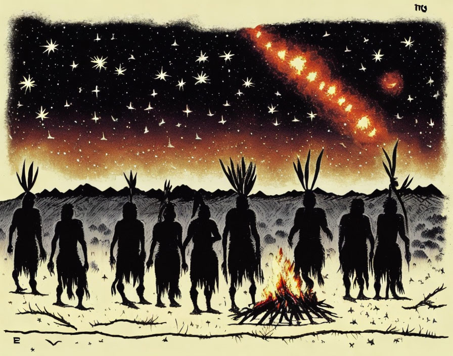 Starry sky with comet over silhouetted figures around fire