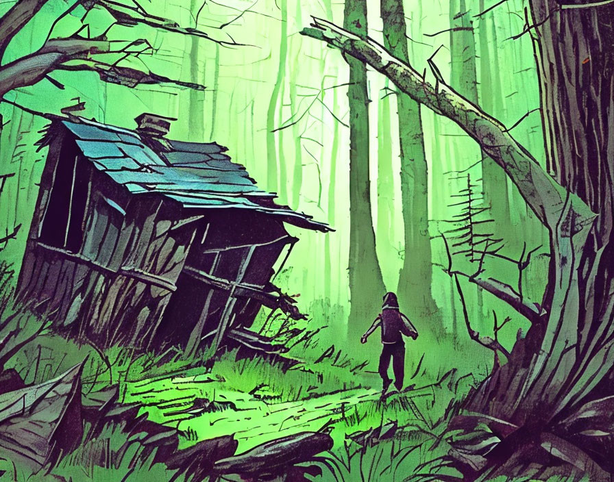 Person approaching dilapidated cabin in eerie, green forest