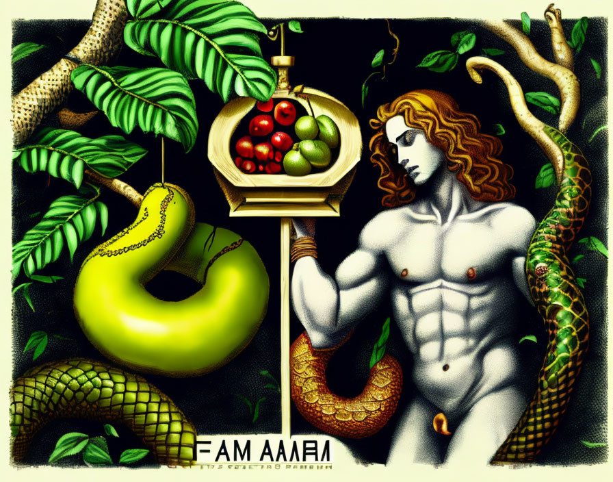 Muscular figure with snake, apple inflatable, and scale in stylized artwork.