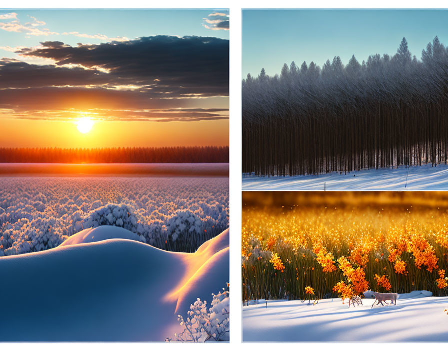 Winter Nature Scenes: Sunset, Forest, Snowy Hills, Yellow Flowers