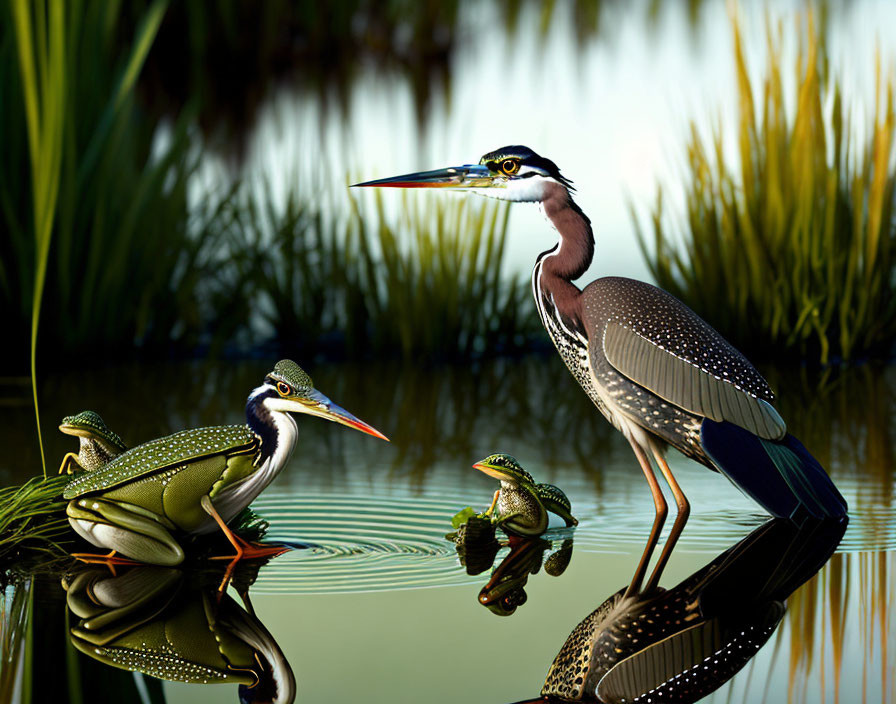 Heron, Frogs, and Reflections in Serene Water Scene