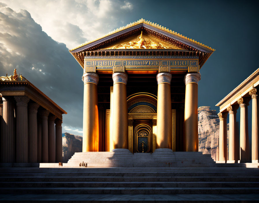 Ancient temple with towering columns and golden details