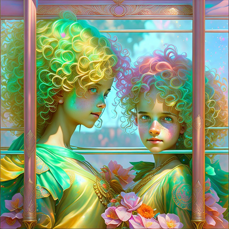 Stylized children with golden hair and green eyes in golden outfits behind a copper-colored frame