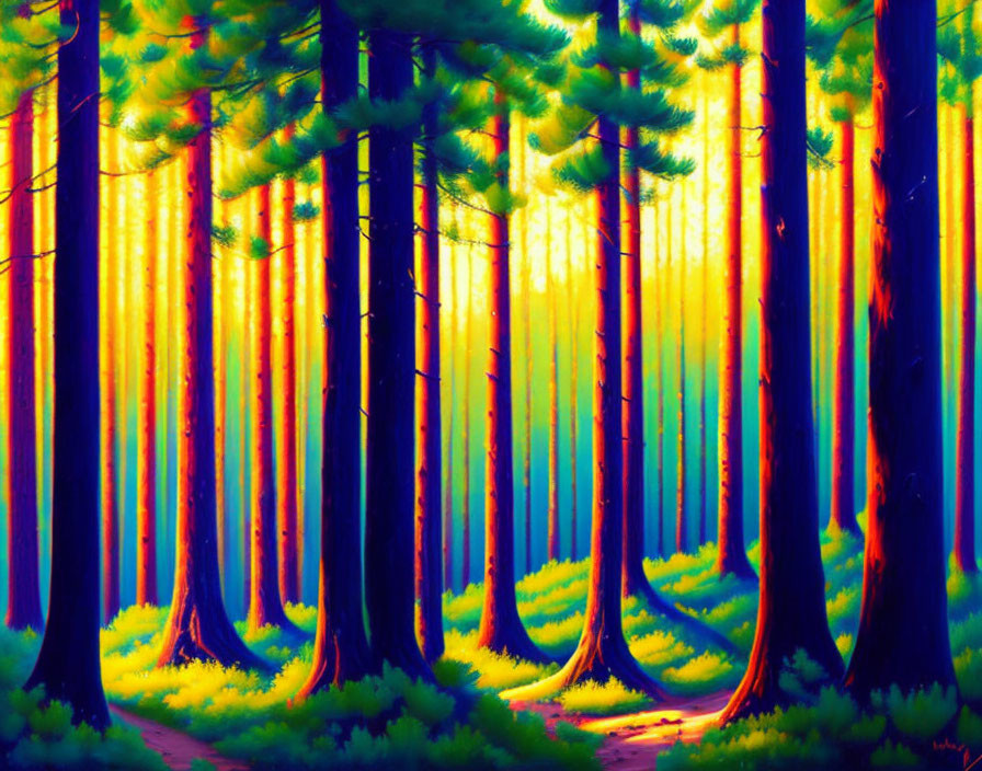 Colorful Forest Landscape with Stylized Trees in Blue, Yellow, and Green Glow