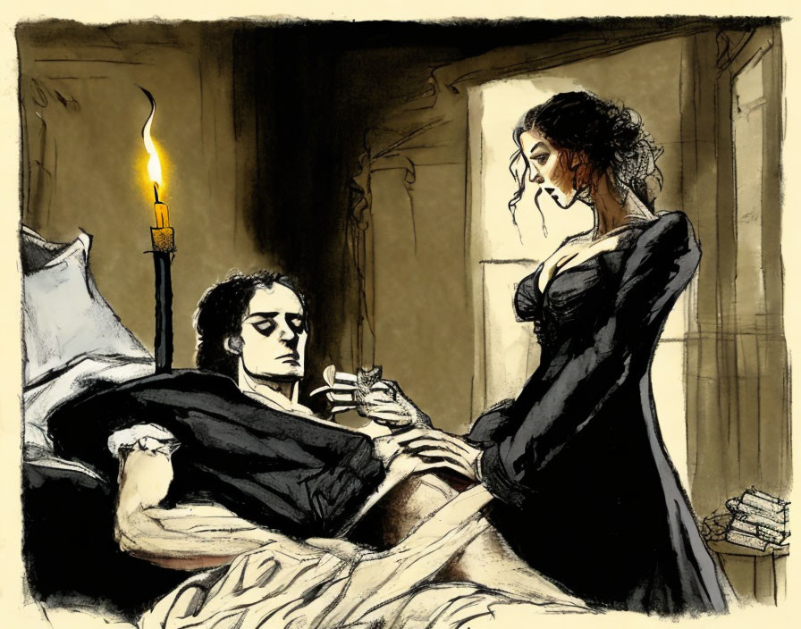 Period Attire Woman Stands by Unconscious Man Near Bed with Candle