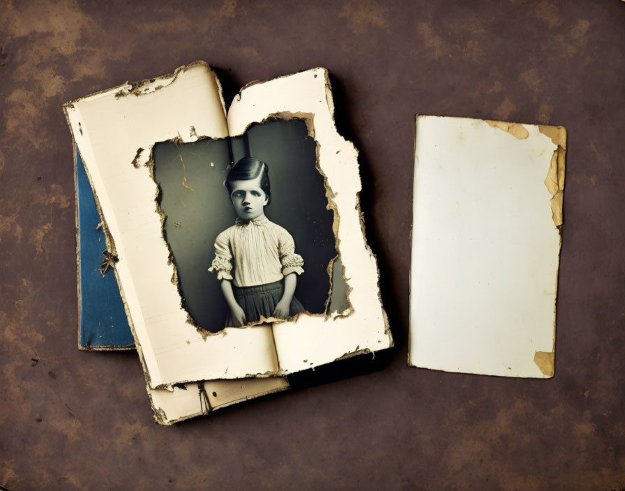 Vintage photograph of young girl in aged book pages