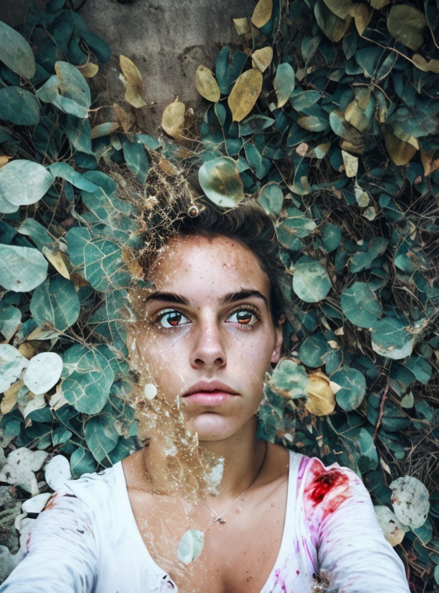 Intense gaze person lying on ground surrounded by green leaves and delicate cobwebs.