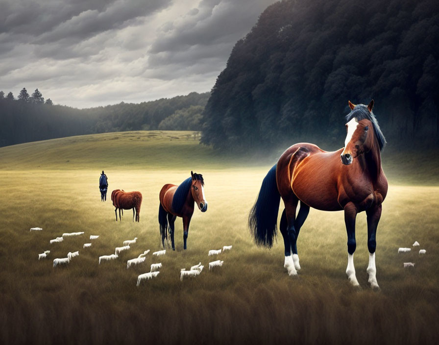 Tranquil landscape: horses, shepherd, sheep in lush field under cloudy sky