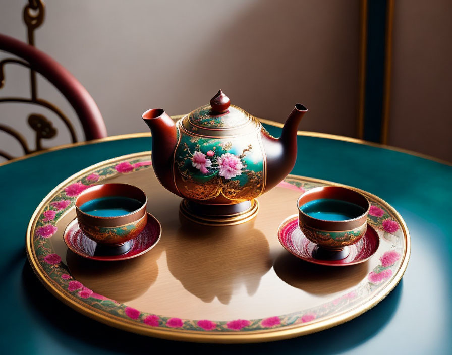 Traditional teapot, cups, and tray with ornate floral designs on an elegant table.