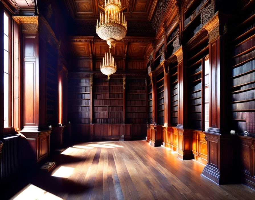 Luxurious Wooden Library with Floor-to-Ceiling Bookshelves