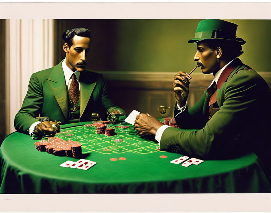 Men in suits and hats at poker table with chips and cards.