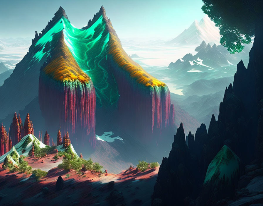 Vibrant cascading colors on surreal mountain landscape