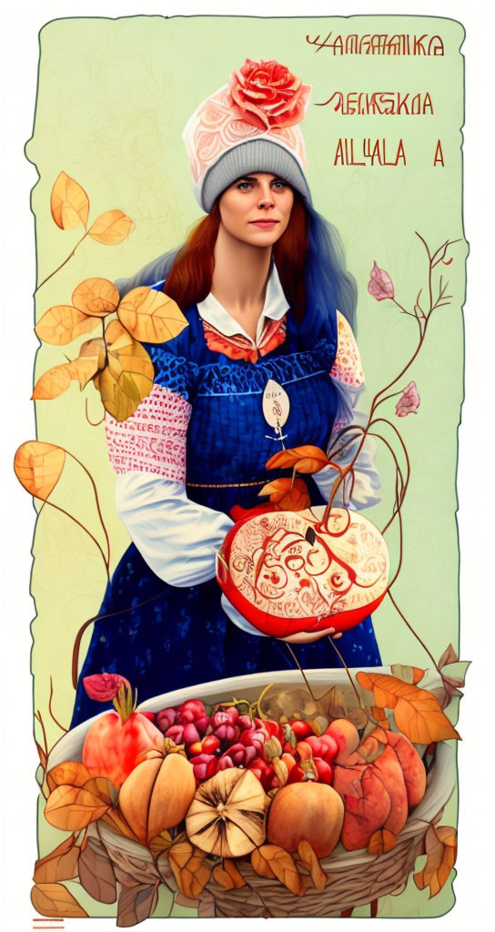 Traditional Slavic woman with embroidery hoop in autumn setting