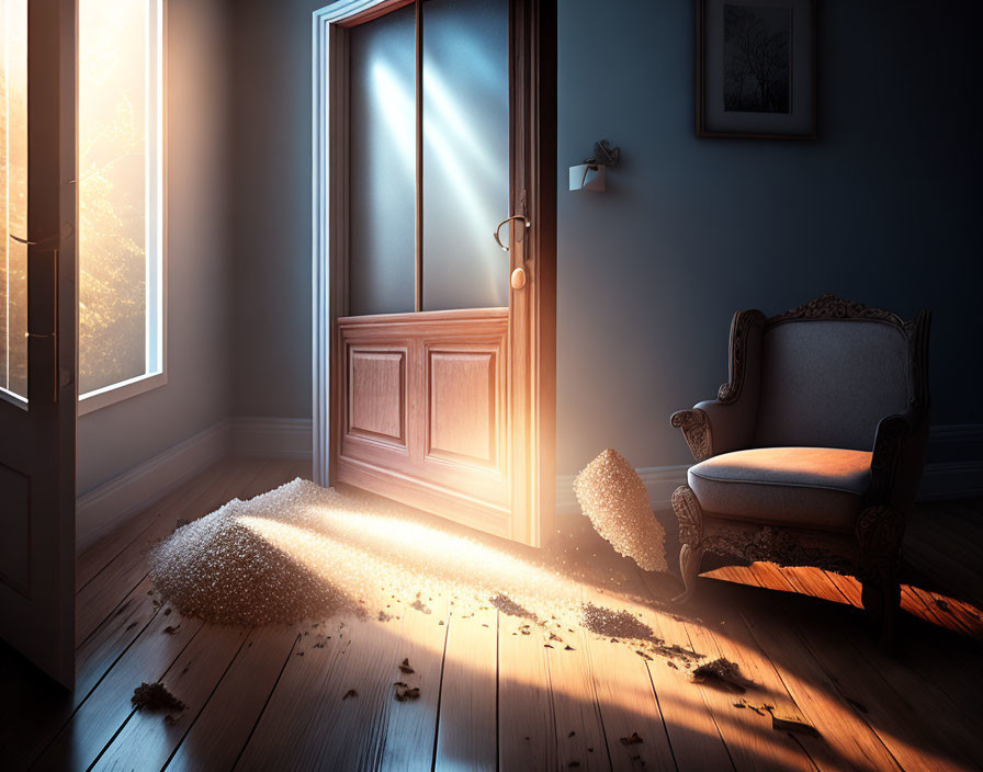 Sunlight on wooden floor with leaves near antique chair in dark room