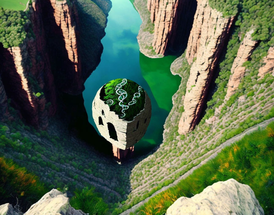 Skull-shaped structure with ivy on rocky pillar in surreal landscape