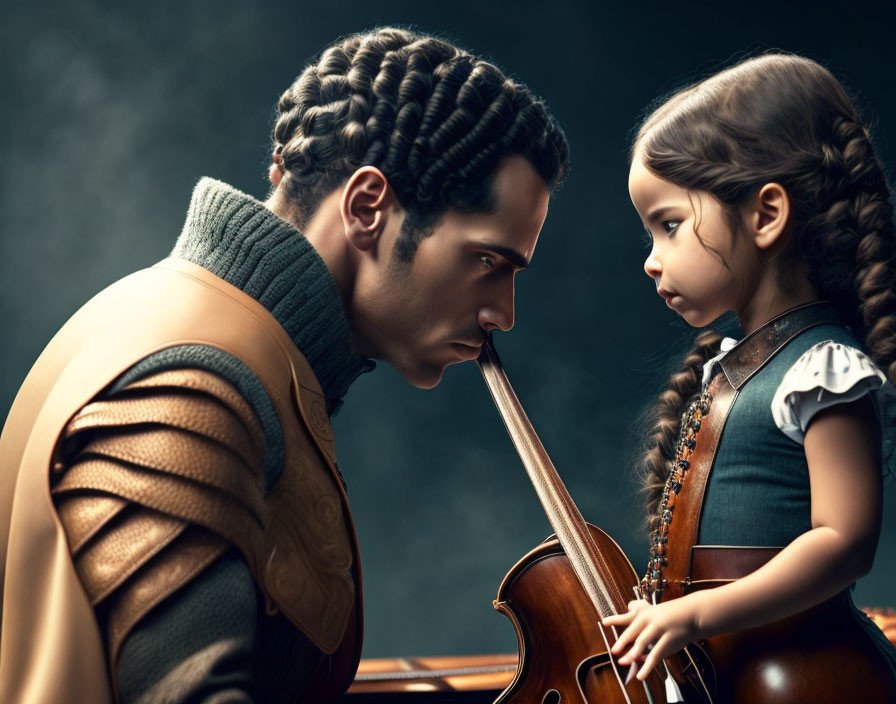 Man and girl with violin share intense gaze symbolizing deep connection or teaching moment.