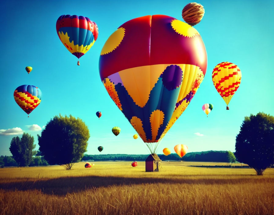 Vibrant hot air balloons over golden field and blue sky