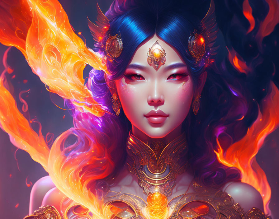 Vibrant digital artwork: woman with blue hair and flaming elements