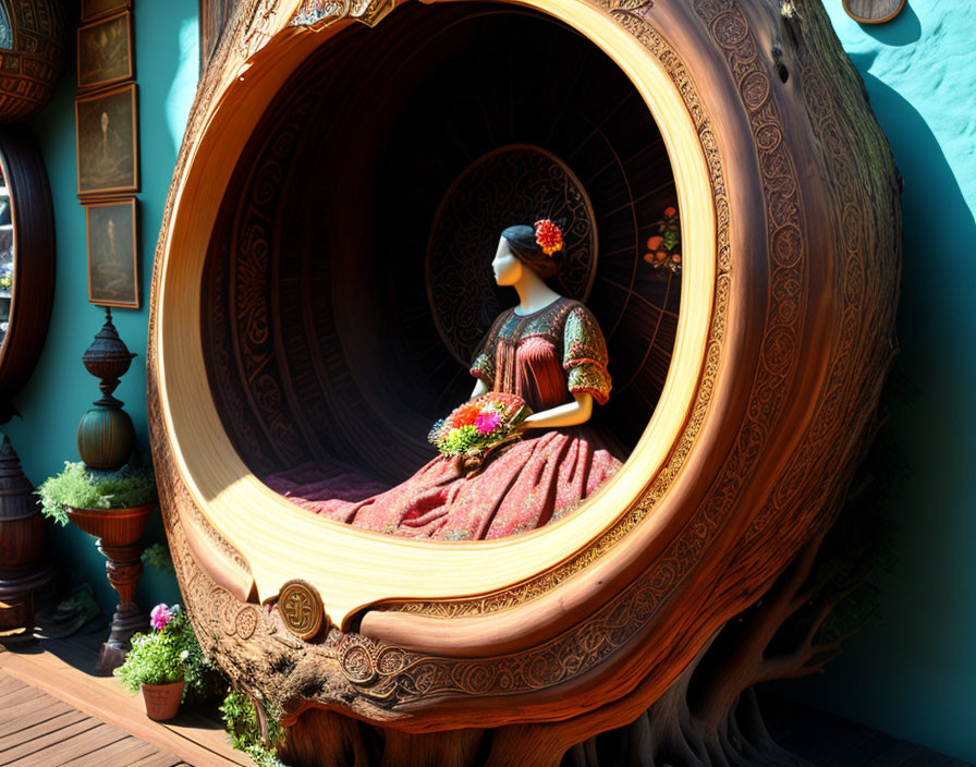 Historical dress woman in ornate gramophone horn with plants.