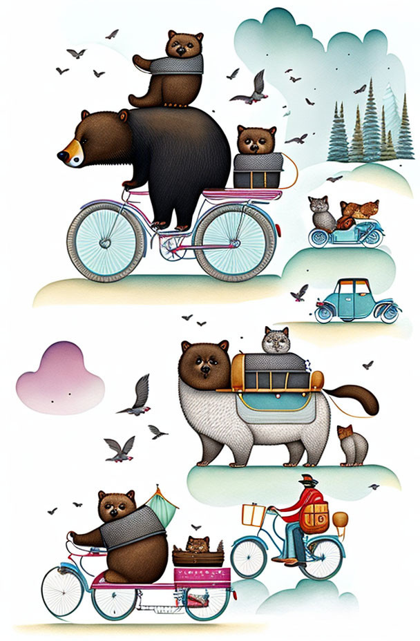 Whimsical anthropomorphic bears and cats on bicycles with books, teapot, birds, and clouds