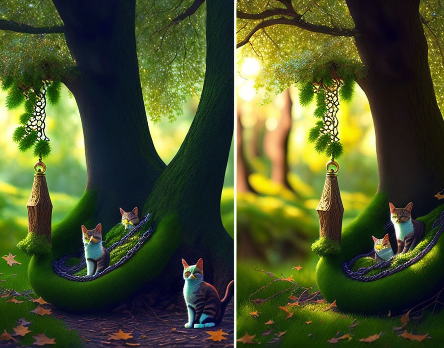 Whimsical digital artwork: Cats lounging on fantasy tree