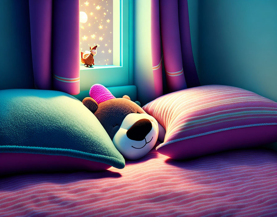 Child's Bedroom Night Scene with Plush Bear Toy, Colorful Pillows, and Moonlit Owl