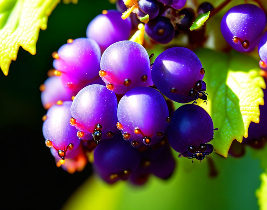 Colorful purple berries with water droplets and insects on blurred green backdrop