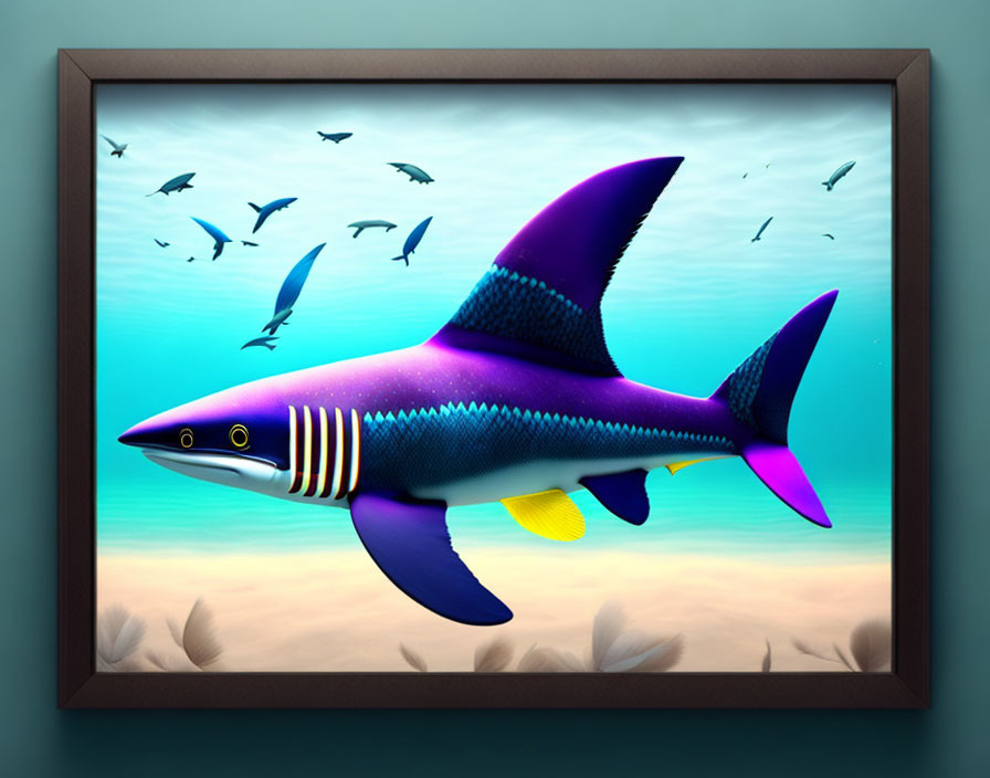 Colorful Stylized Shark Swimming in Ocean with Framed Fish Scene