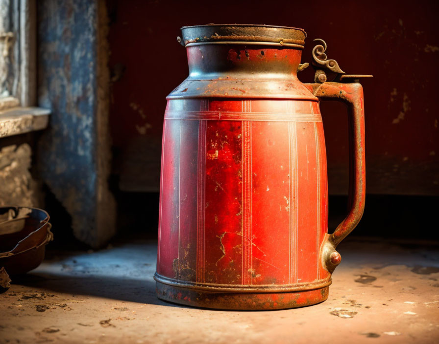 Vintage Red Metal Jug with Handle and Spout on Dark Background