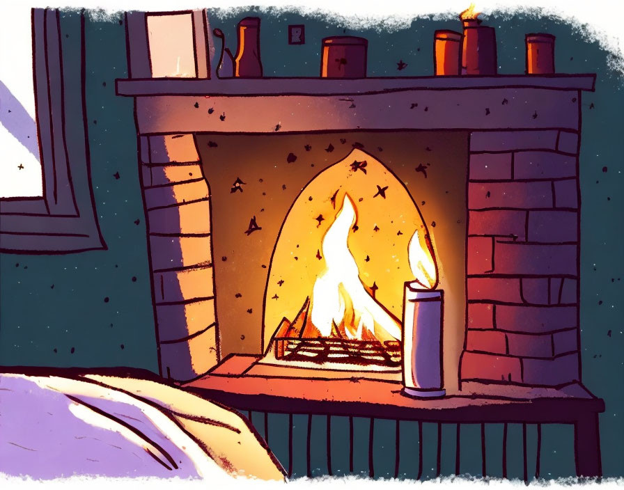 Warm indoor fireplace scene with fire, candles, book, and mug by window at night