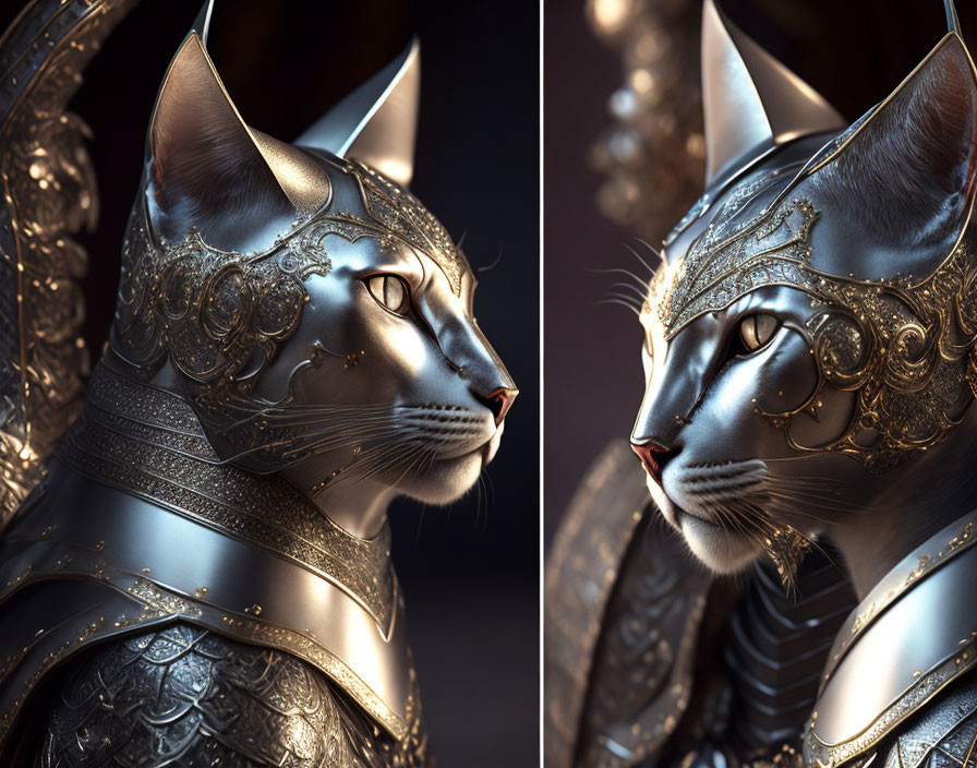 Ornate medieval armor cat digital artwork with gold filigree on dark background