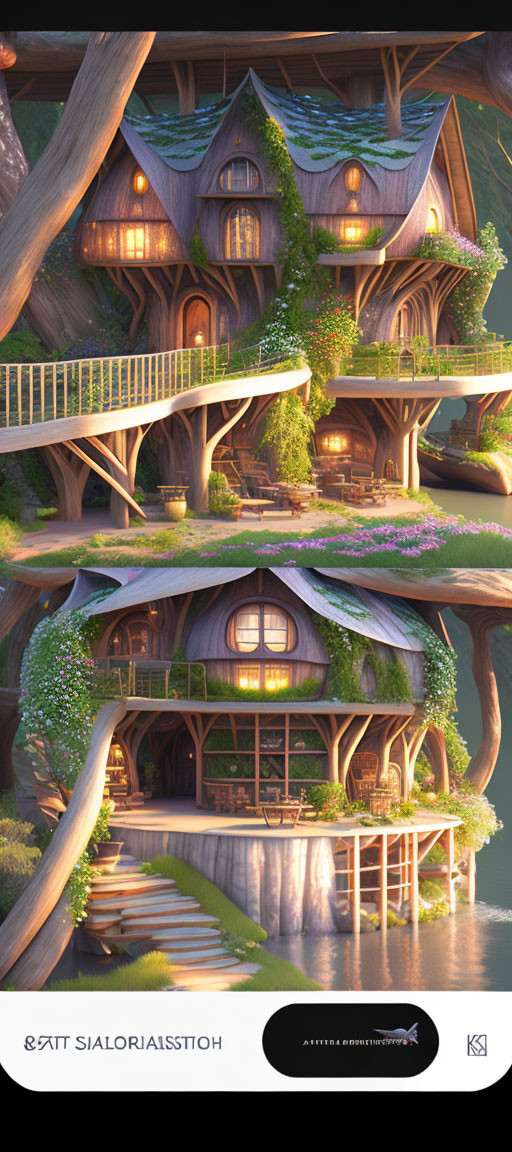 Whimsical multi-story treehouse by serene lake at twilight