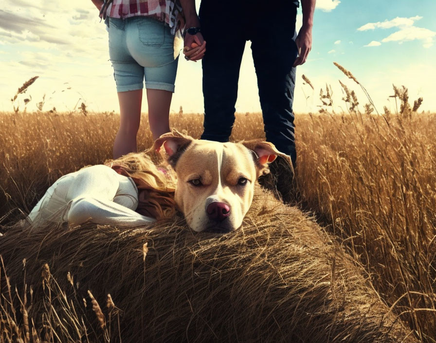 Dog resting on hay bale in golden field with couple holding hands under cloudy sky